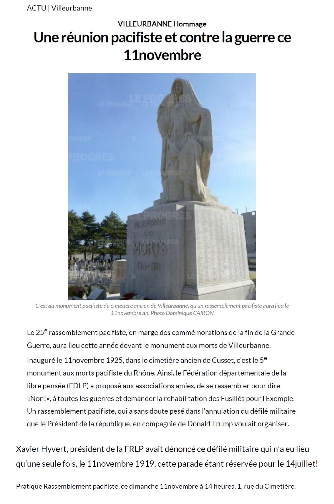 2018 11 05 LE PROGRES 11 NOVEMBRE